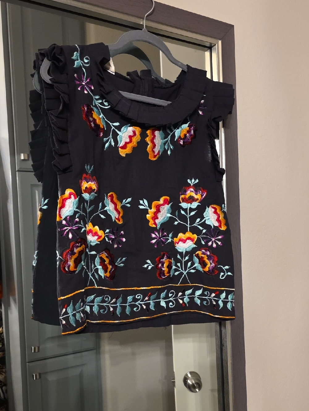 Black Floral Embroidered Ruffle-Sleeve Blouse